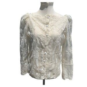 Vintage Chicwish Womens Ivory Lace Blouse Sheer Sleeves & Floral Embellished Sm